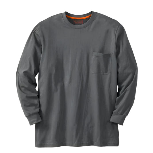 Steel grey crewneck long sleeve tee with chest pocket and relaxed fit — made from durable heavyweight cotton.