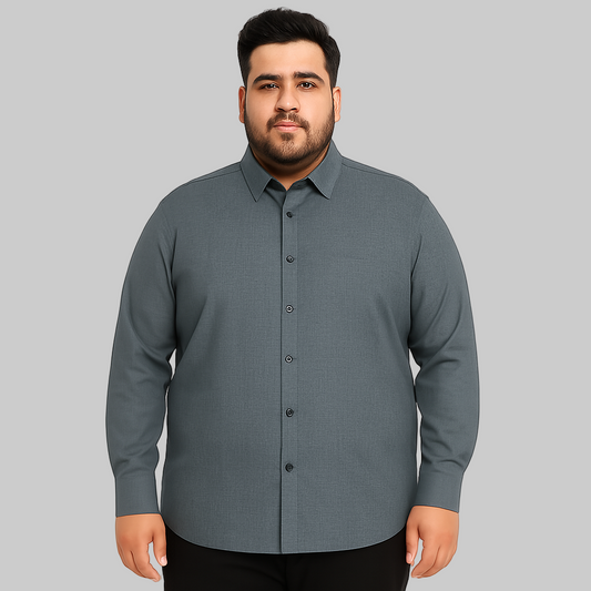 Plus-size Pakistani man wearing steel grey formal shirt with long sleeves