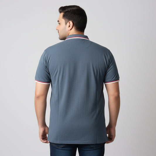 Steel blue plus size polo shirt with red and white tipped collar front view