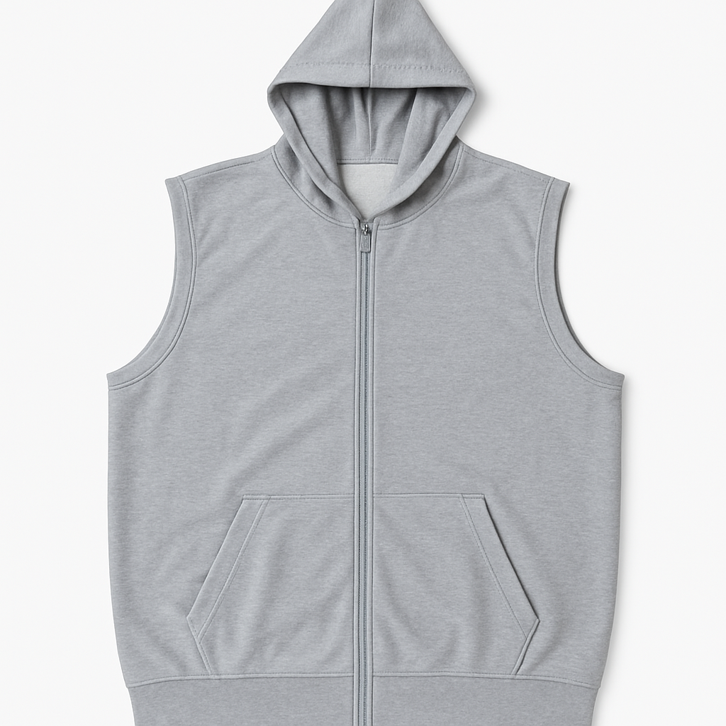 Steel Grey Plus Size Sleeveless Zip-Up Fleece Hoodie with front pockets and hood – laid flat