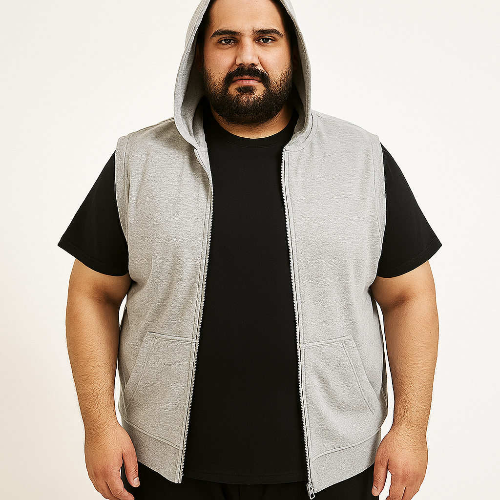 Steel Grey Plus Size Sleeveless Zip-Up Fleece Hoodie with front pockets and hood – laid flat
