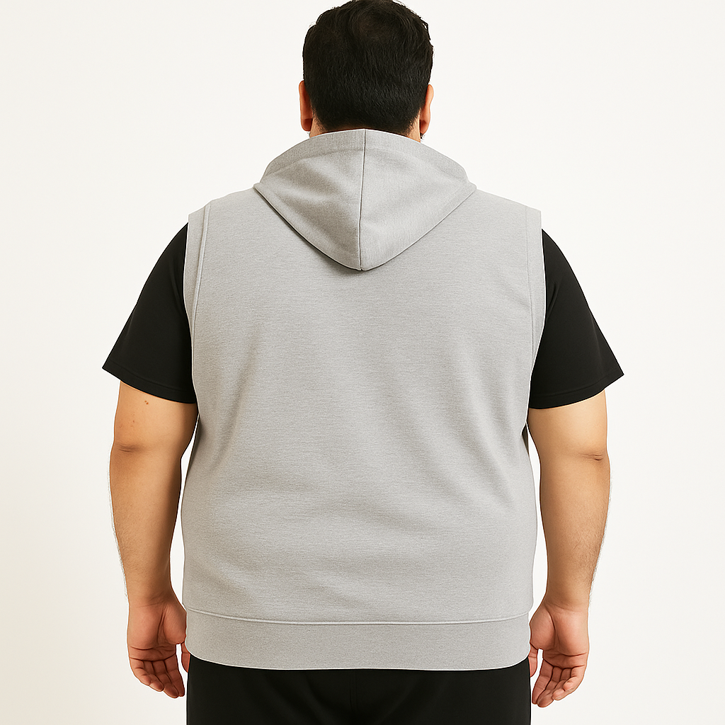 Steel Grey Plus Size Sleeveless Zip-Up Fleece Hoodie with front pockets and hood – laid flat
