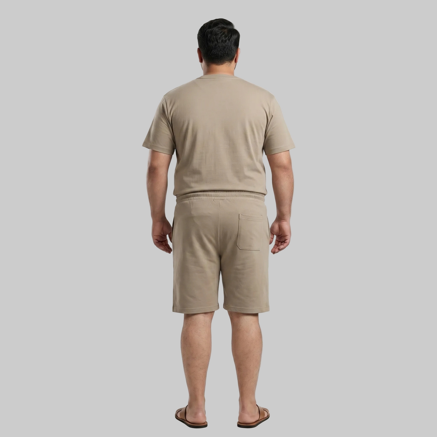 Men's Stone Beige Real Life Pursuit Graphic Interlock T-Shirt and Shorts Co-Ord Set with matching graphic print.
