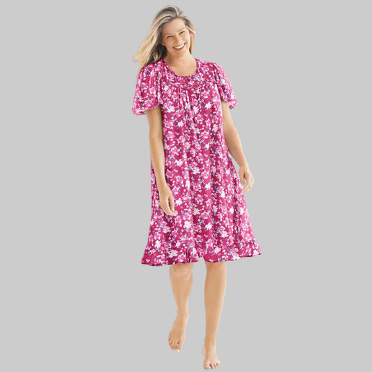 Strawberry roses floral short cotton nightgown with flutter sleeves, ruffled hem, and pintuck details — soft, breathable sleepwear for women.