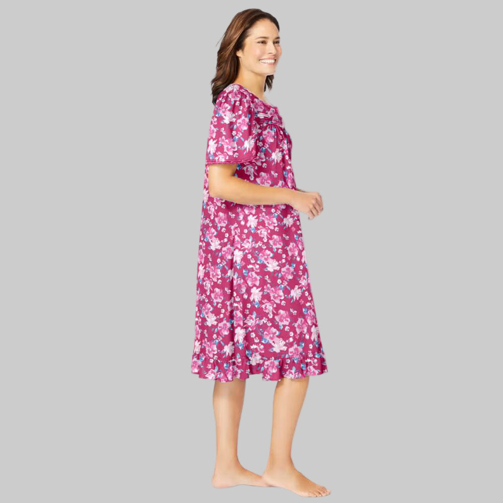 Strawberry roses floral short cotton nightgown with flutter sleeves, ruffled hem, and pintuck details — soft, breathable sleepwear for women.