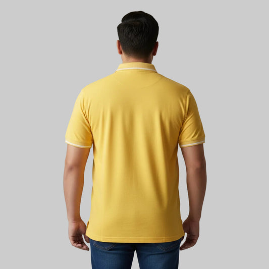 Sunshine Yellow Plus Size Polo Shirt with white contrast tipped collar and sleeves flat laid front view.