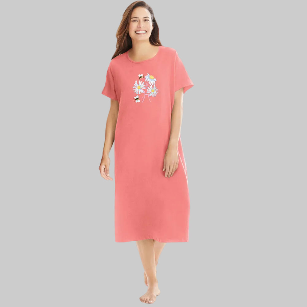 Women’s short sleeve sleepshirt in coral bee print, made from soft cotton knit with 40-inch length for breathable comfort and playful bedtime style."