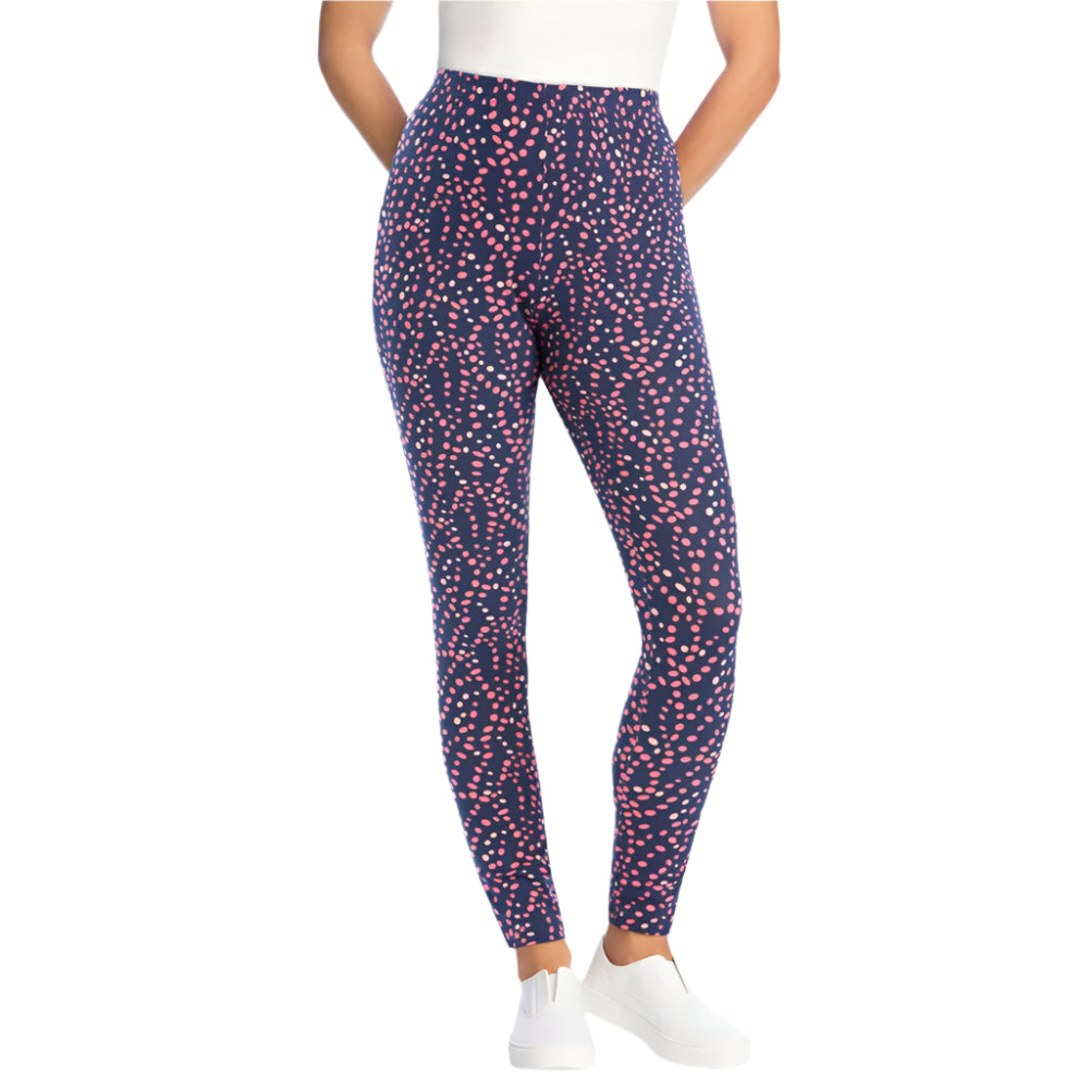 Sweet coral dot printed stretch leggings with elastic waistband and soft cotton-blend fabric.