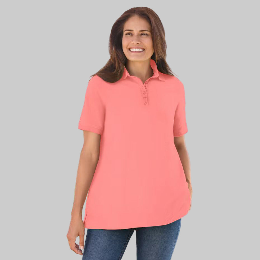 Sweet coral plus-size short-sleeve polo shirt with classic collar, relaxed fit, and 28-inch length, made from soft cotton fabric.