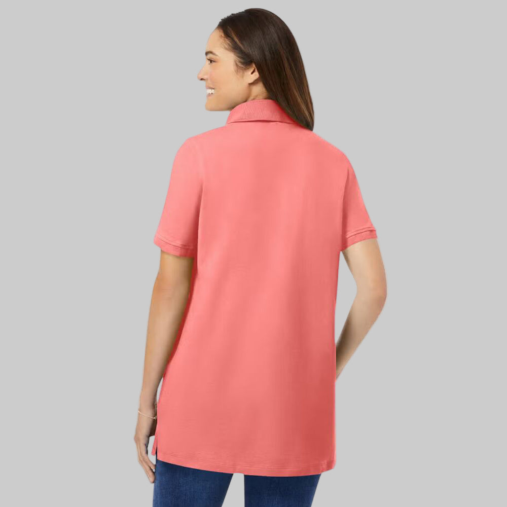 Sweet coral plus-size short-sleeve polo shirt with classic collar, relaxed fit, and 28-inch length, made from soft cotton fabric.