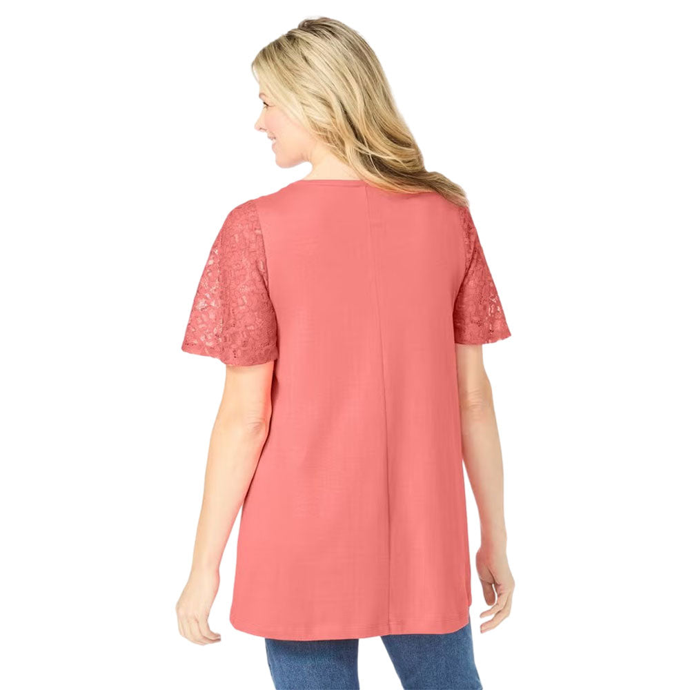 Plus-size tunic with lace flutter sleeves, a curved V-neckline, and a relaxed swingy fit. Made from a soft cotton/poly blend for comfort and style