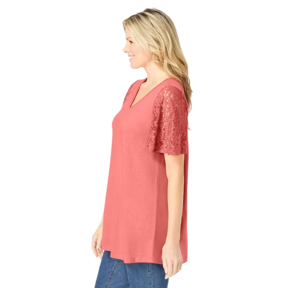 Plus-size tunic with lace flutter sleeves, a curved V-neckline, and a relaxed swingy fit. Made from a soft cotton/poly blend for comfort and style