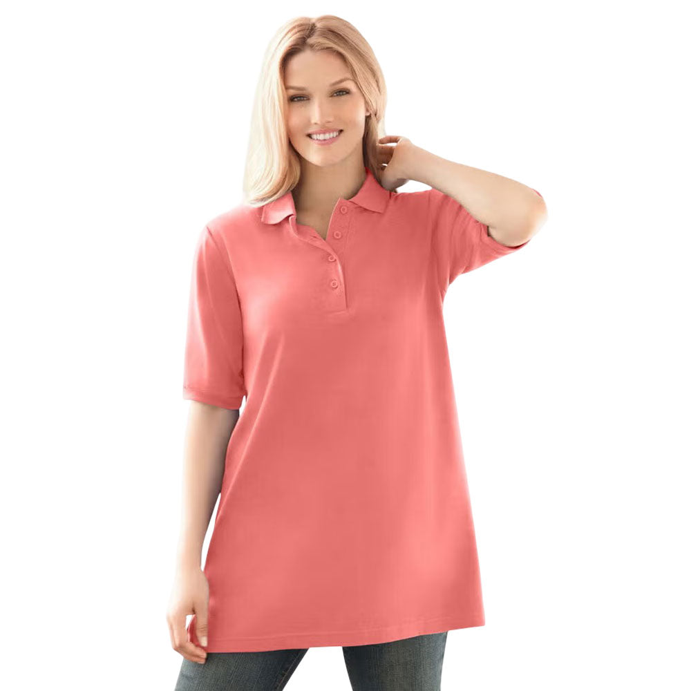 Sweet coral women’s short sleeve polo tunic with collar and relaxed fit, front view