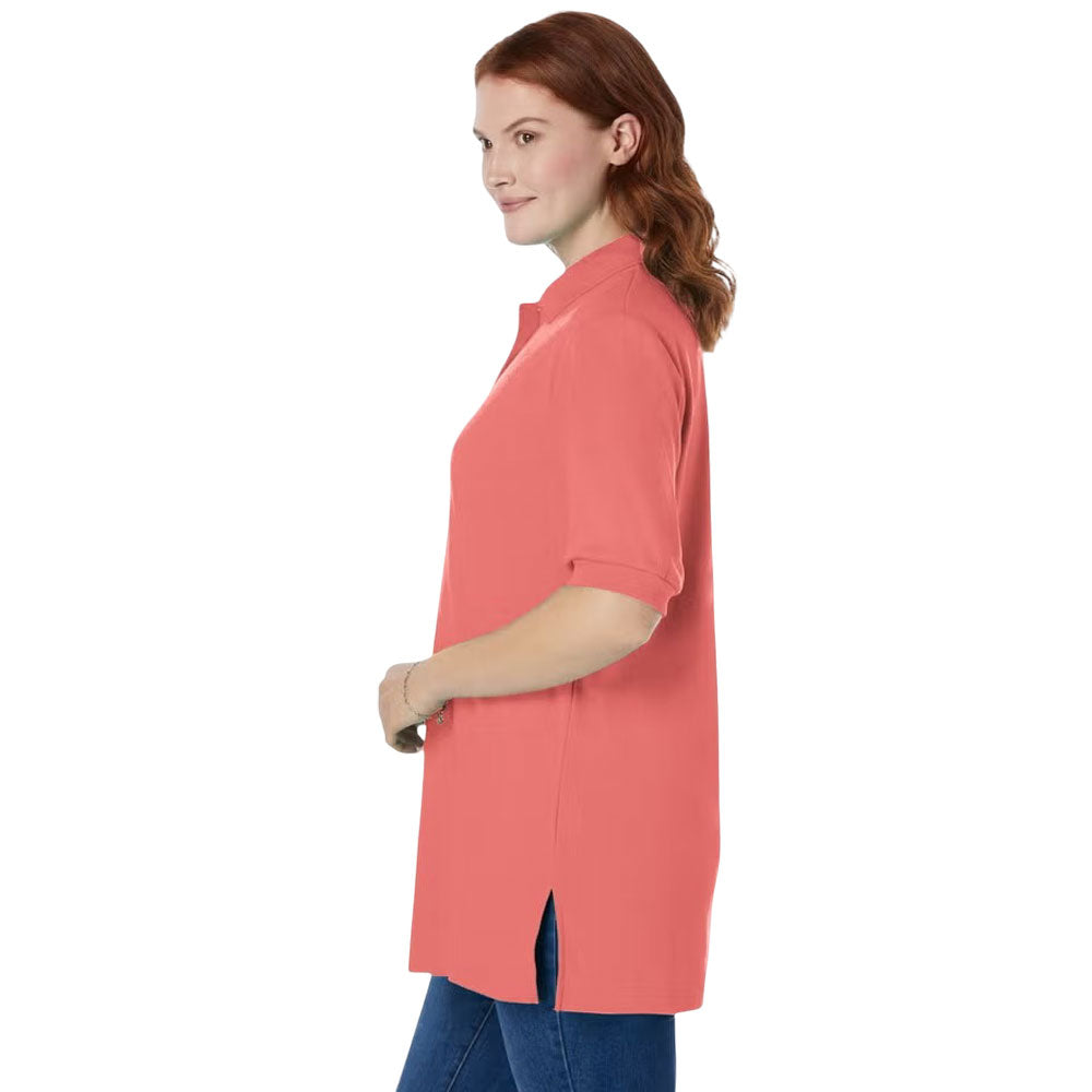 Sweet coral women’s short sleeve polo tunic with collar and relaxed fit, front view