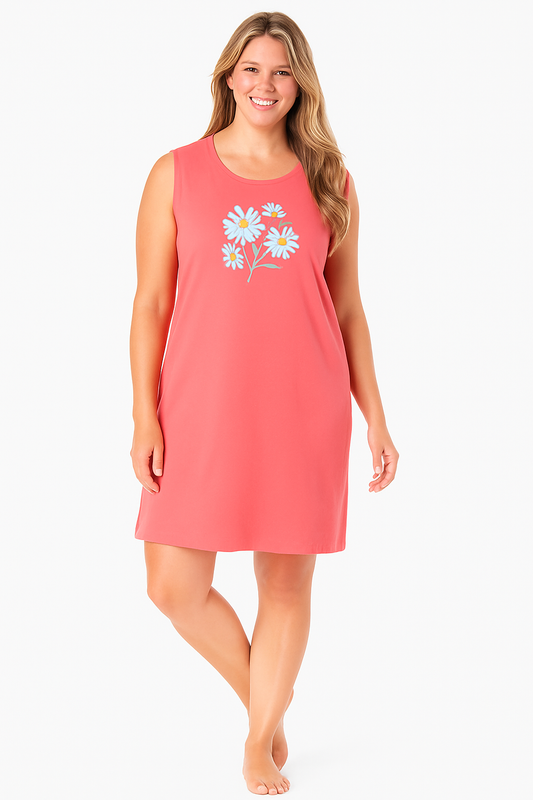 "Women’s sleeveless sleepshirt in sweet coral shade with playful prints, 40-inch length, soft cotton knit fabric, and relaxed fit for cozy sleepwear