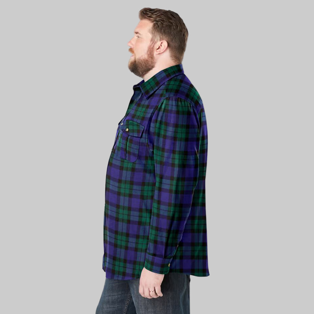 Tartan holiday plaid flannel shirt with horn buttons and chest pocket, made from soft brushed cotton for winter layering.