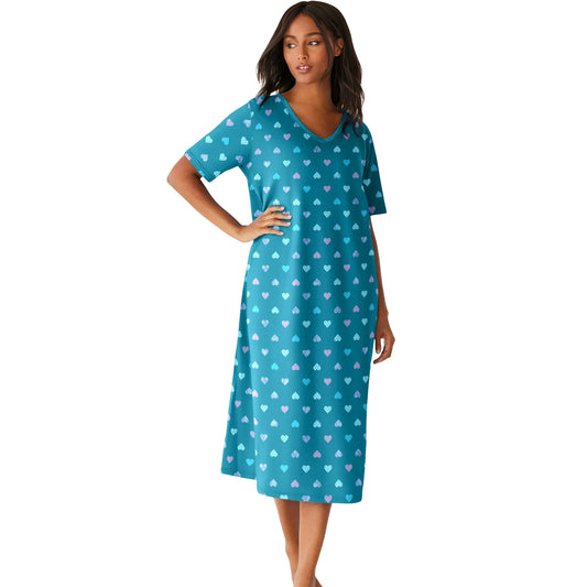 teal printed sleepshirt with heart pattern and short sleeves
