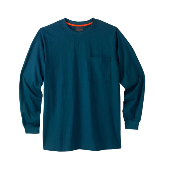 Midnight teal long sleeve crewneck t-shirt with chest pocket and relaxed fit — made from heavyweight cotton.