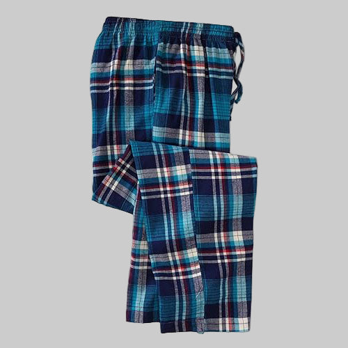 Teal plaid flannel pajama pants with elastic waistband and drawstring, displayed on a clean white background.
