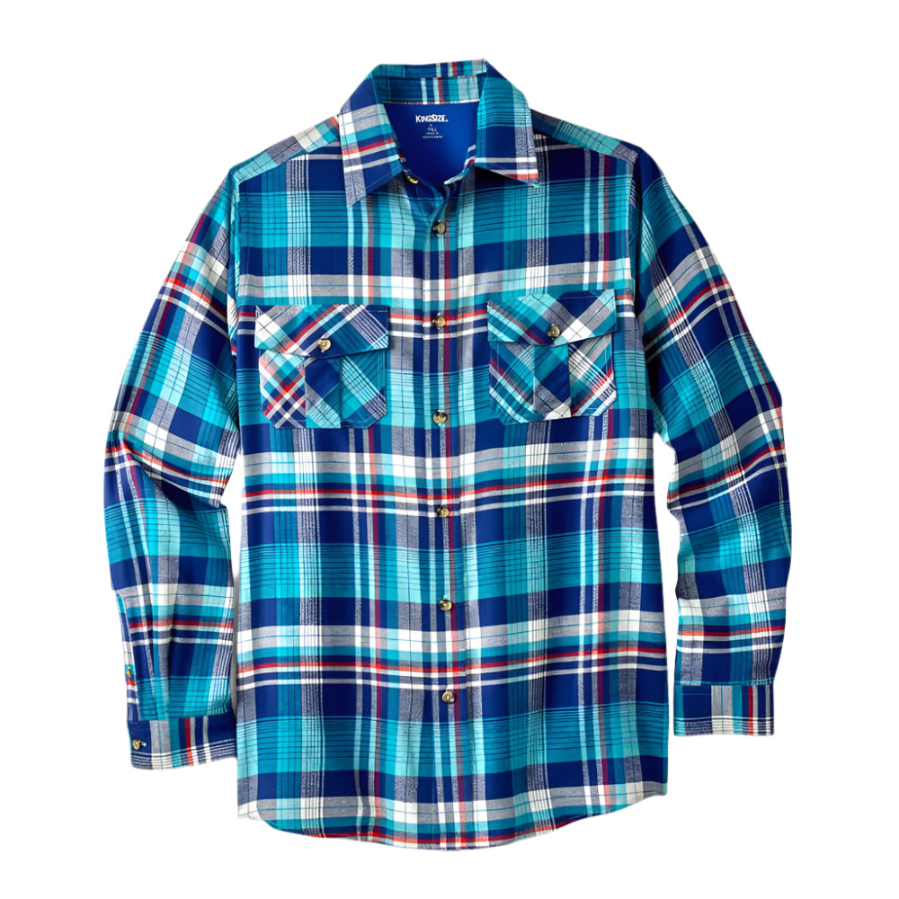Teal plaid flannel shirt with button chest pockets and relaxed Big & Tall fit