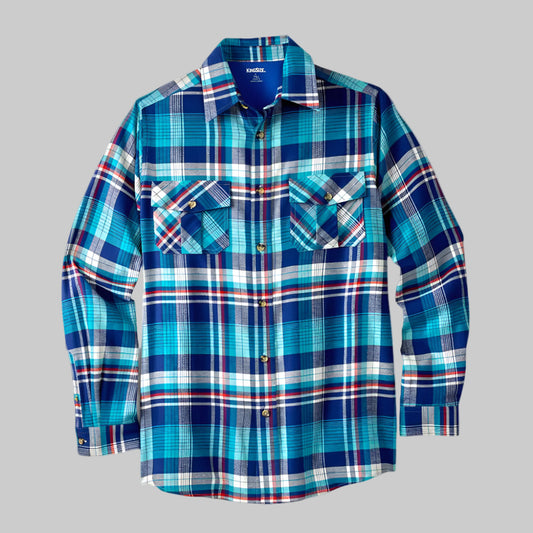 Teal plaid flannel shirt with button chest pockets and relaxed Big & Tall fit