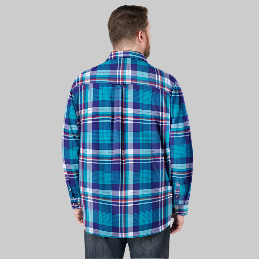 Teal plaid flannel shirt with button chest pockets and relaxed Big & Tall fit
