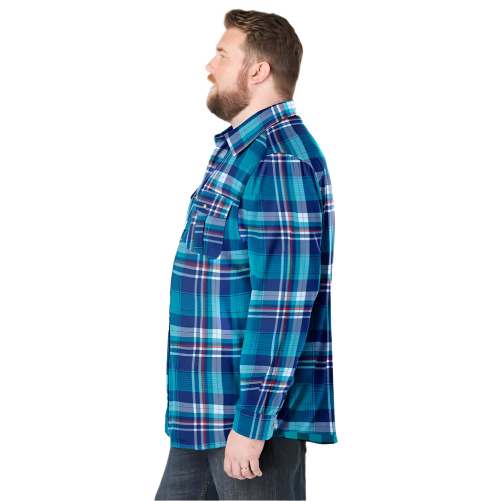 Teal plaid flannel shirt with button chest pockets and relaxed Big & Tall fit