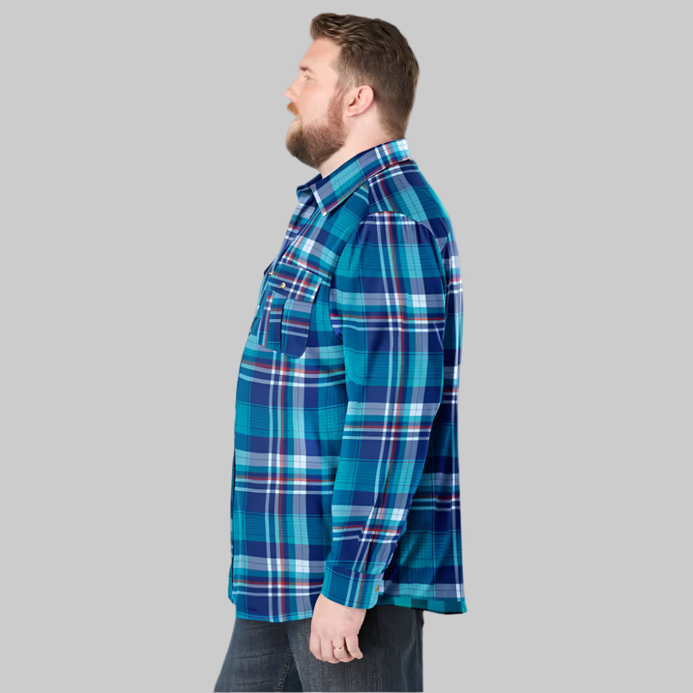 Teal plaid flannel shirt with button chest pockets and relaxed Big & Tall fit