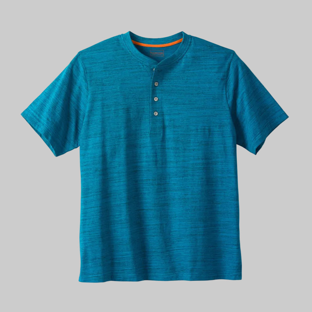Teal plus size short-sleeve Henley shirt for men made from soft jersey fabric with a comfortable big and tall fit and button neckline.