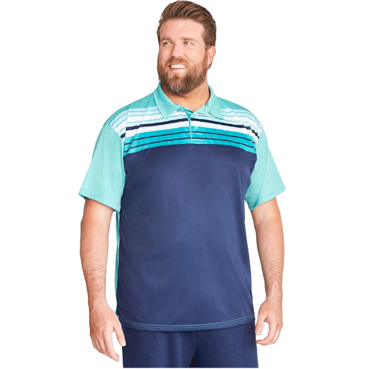 Tidal Green Colorblock Moisture-Wicking Polo Shirt with contrasting color panels, designed for active comfort and style with moisture-wicking technology.
