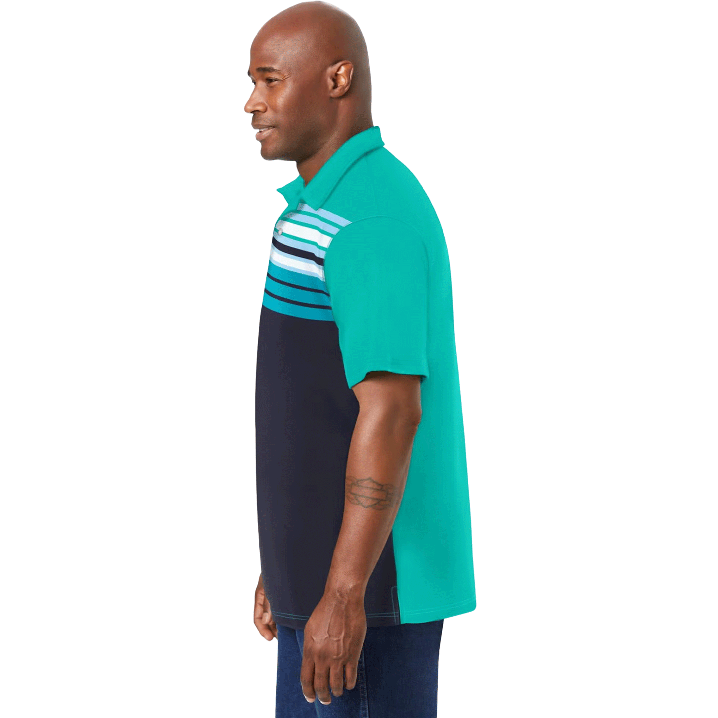 Tidal Green Colorblock Moisture-Wicking Polo Shirt with contrasting color panels, designed for active comfort and style with moisture-wicking technology.