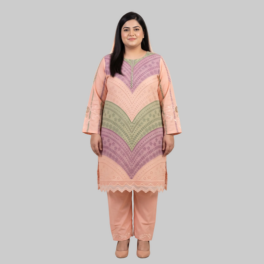 Tri-Color Pastel Wave Embroidered 3-Piece Cotton Lawn Suit for Women with Elegant Embroidery
