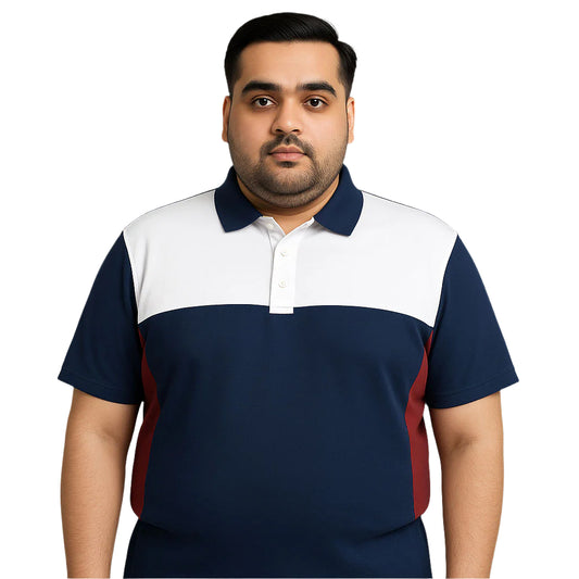 Plus-size man wearing Tri-Tone Navy Champion Jersey Polo Shirt with navy, white, and Red panels