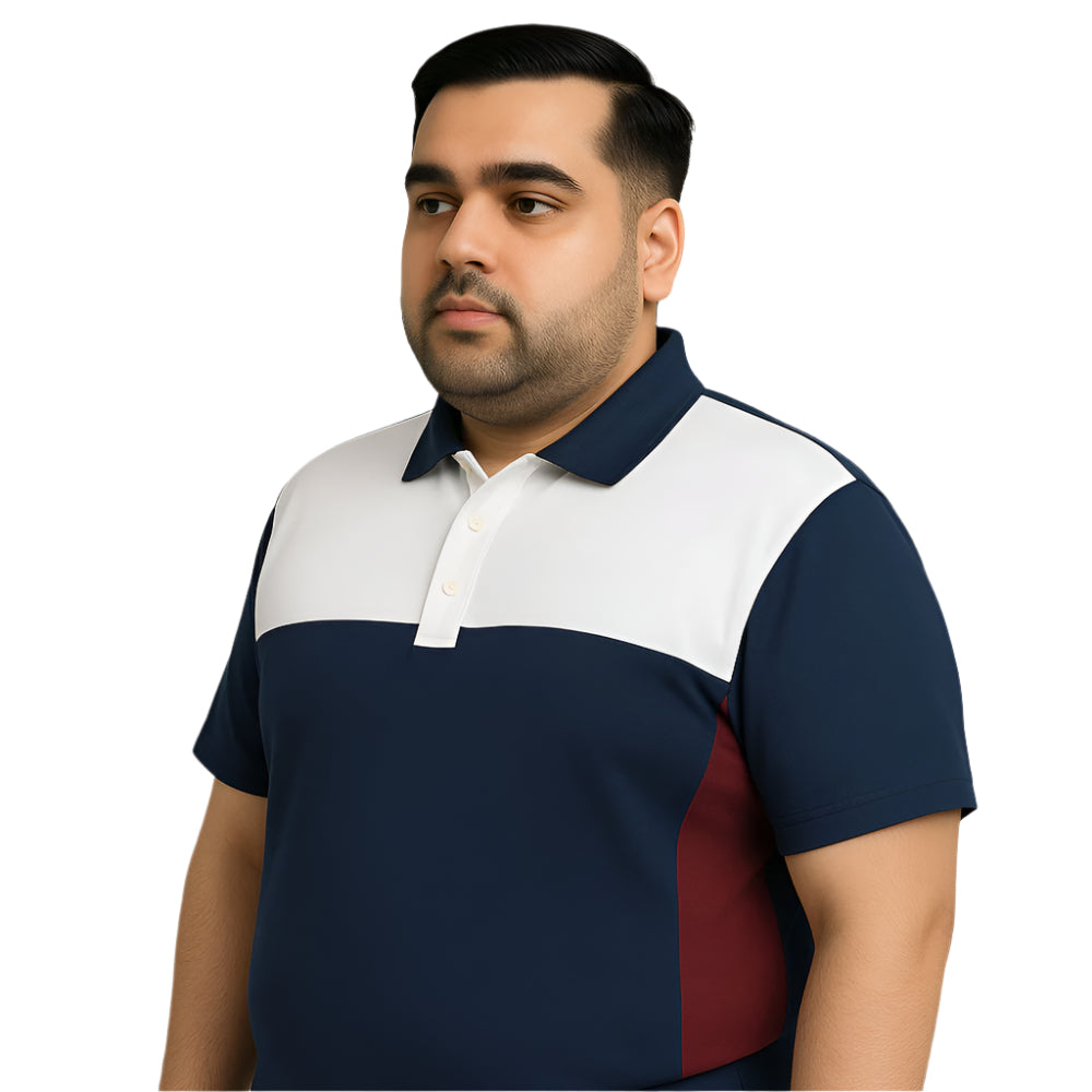 Plus-size man wearing Tri-Tone Navy Champion Jersey Polo Shirt with navy, white, and Red panels