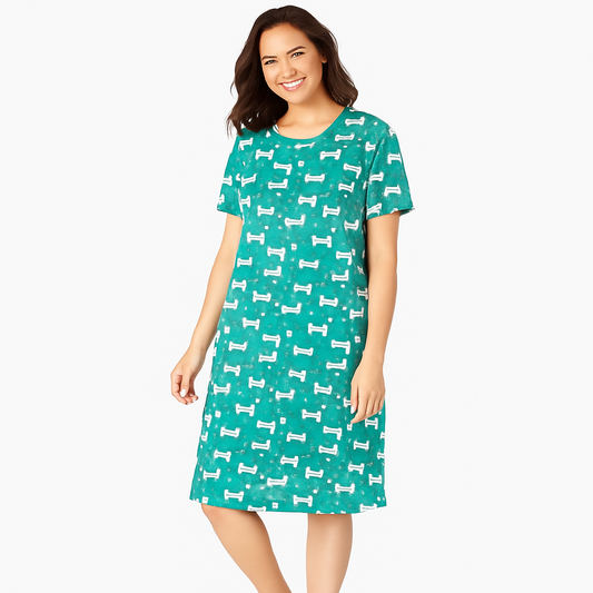 Women’s short sleeve emerald green sleepshirt with playful prints, relaxed fit, 40-inch length, and breathable cotton fabric for cozy sleep and lounging."