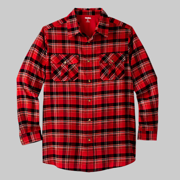 True red plaid flannel shirt with button chest pockets and classic collar in Big & Tall size