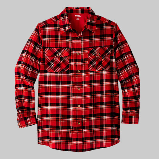 True red plaid flannel shirt with button chest pockets and classic collar in Big & Tall size