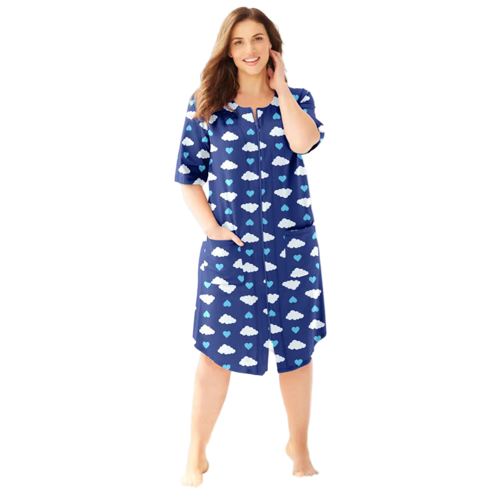 Flat-lay of Ultra Blue Clouds Zip-Front Robe on neutral background