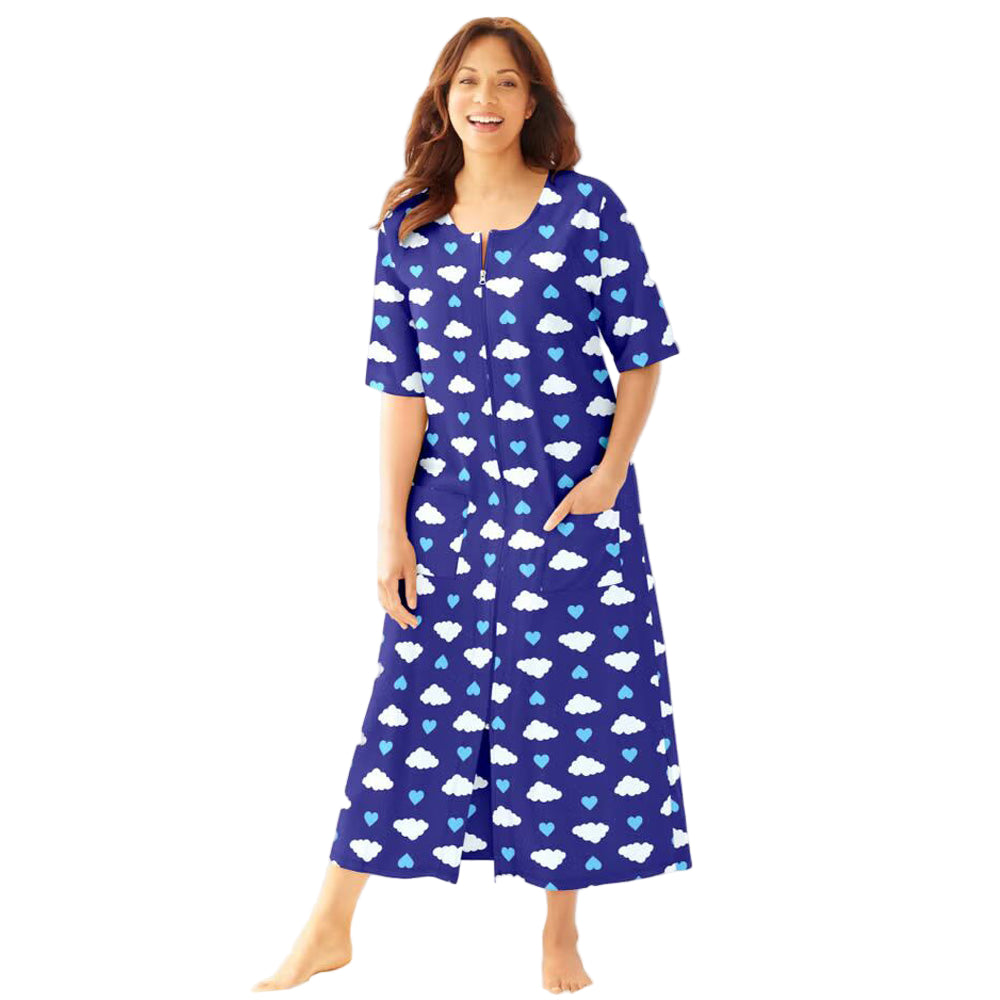 Flat-lay of Ultra Blue Clouds Zip-Front Robe on neutral background