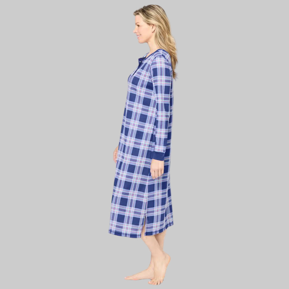 Ultra Blue Plaid Thermal Henley Nightgown with long sleeves, Henley neckline, side slits, and cozy cotton/poly thermal fabric.