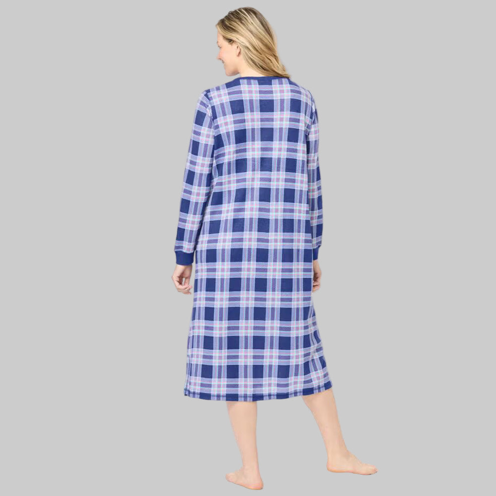 Ultra Blue Plaid Thermal Henley Nightgown with long sleeves, Henley neckline, side slits, and cozy cotton/poly thermal fabric.