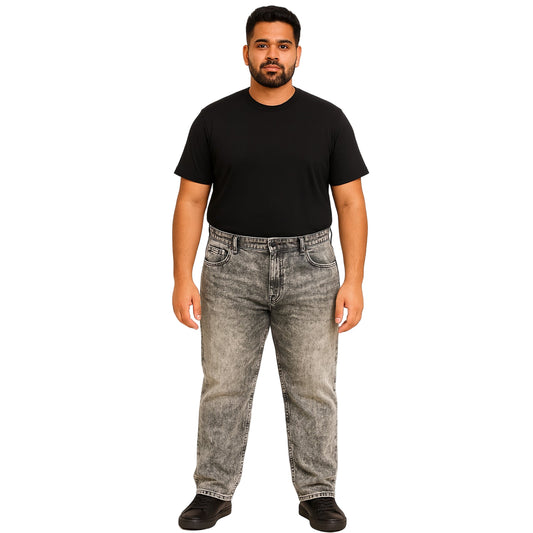 Vintage grey-black acid-wash straight-fit jeans with button fastening, zip fly, and 5-pocket styling.