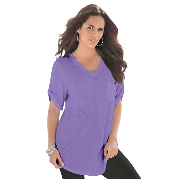 Vintage lavender slub-knit V-neck tunic with a relaxed boyfriend fit, displayed on a plus-size mannequin.
