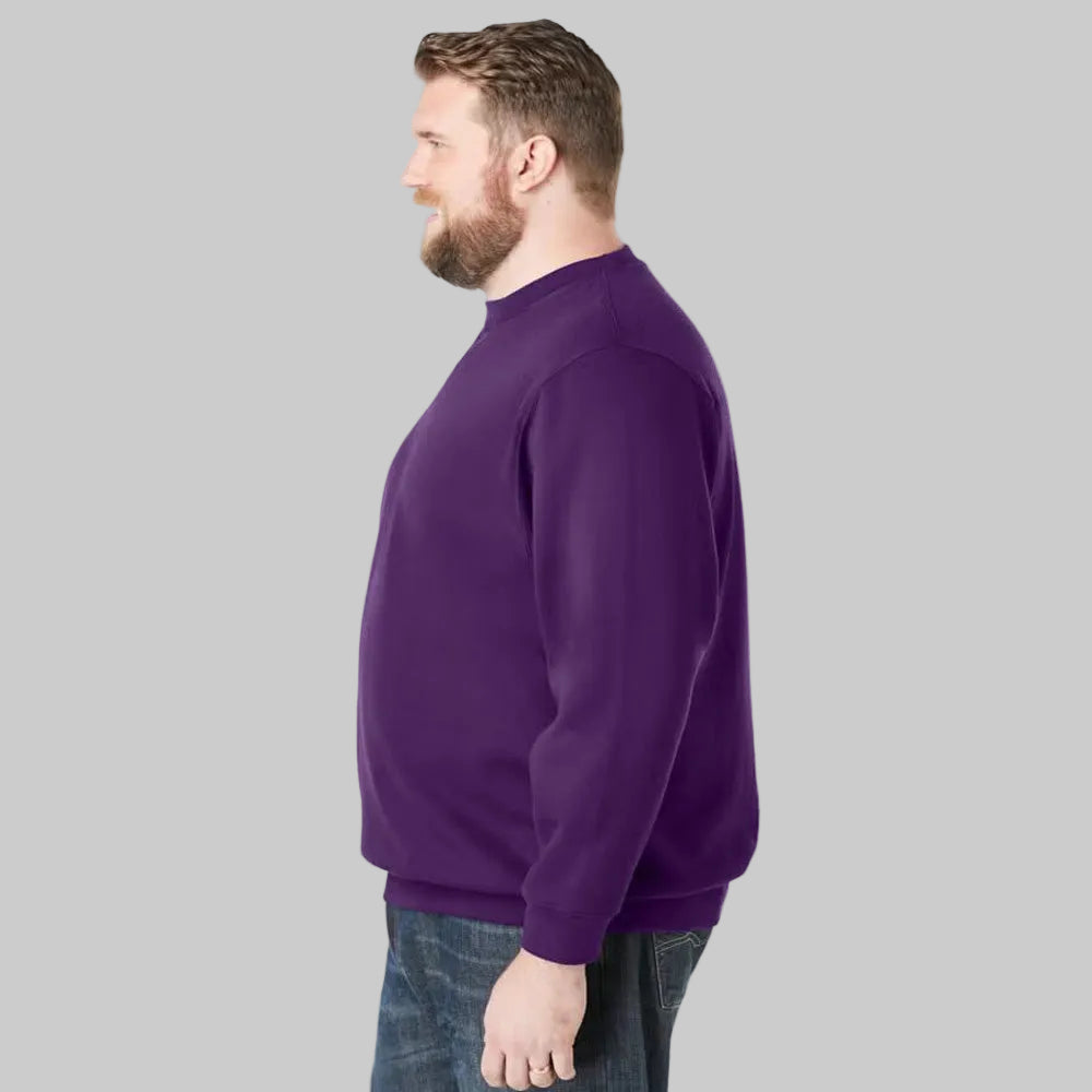 Vintage purple fleece crewneck sweatshirt with relaxed big and tall fit, V-inset neckline, and soft fleece lining on a plain background.