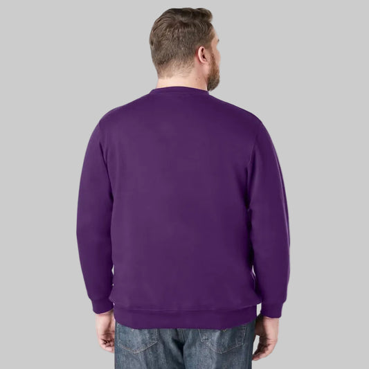 Vintage purple fleece crewneck sweatshirt with relaxed big and tall fit, V-inset neckline, and soft fleece lining on a plain background.