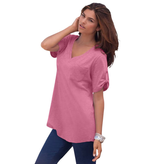 Vintage rose v-neck slub-knit boyfriend tunic for women in relaxed fit