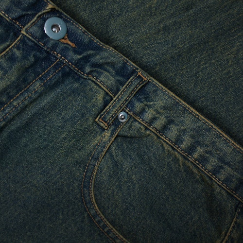 "Men’s vintage wash regular fit jeans with straight leg, button fastening, zip fly, belt loops, and five-pocket design, crafted from 100% cotton denim."