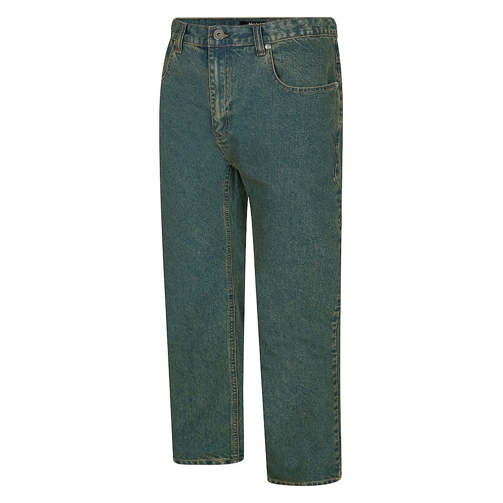 "Men’s vintage wash regular fit jeans with straight leg, button fastening, zip fly, belt loops, and five-pocket design, crafted from 100% cotton denim."
