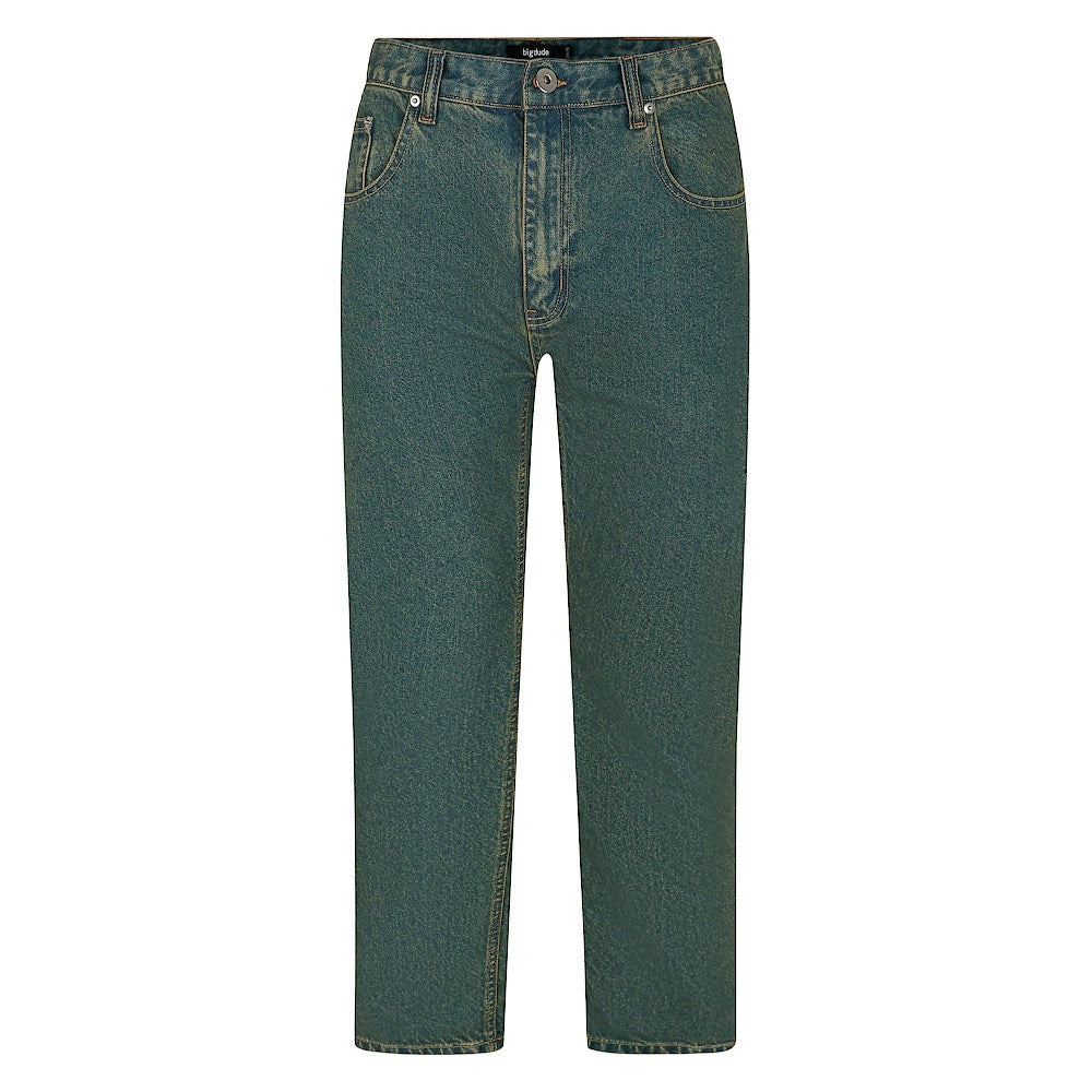 "Men’s vintage wash regular fit jeans with straight leg, button fastening, zip fly, belt loops, and five-pocket design, crafted from 100% cotton denim."