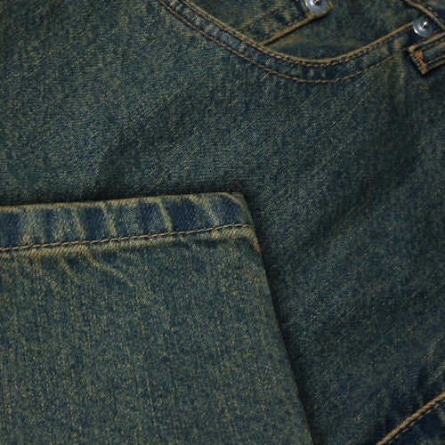 "Men’s vintage wash regular fit jeans with straight leg, button fastening, zip fly, belt loops, and five-pocket design, crafted from 100% cotton denim."